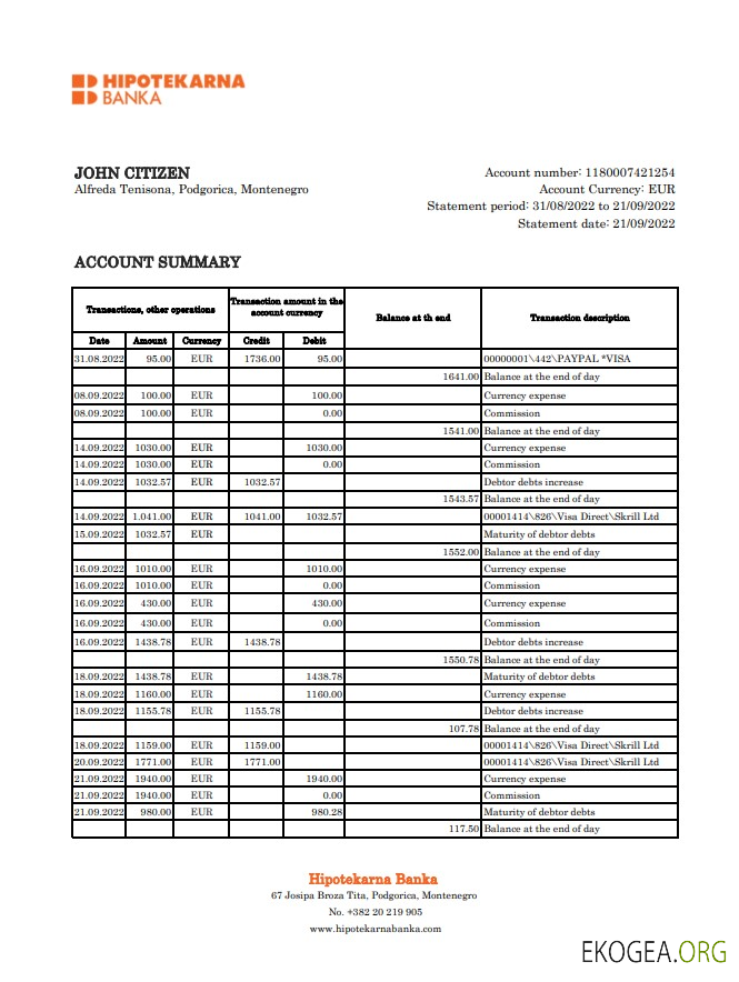 Relevé bancaire Monténégro Hipotekarna xls